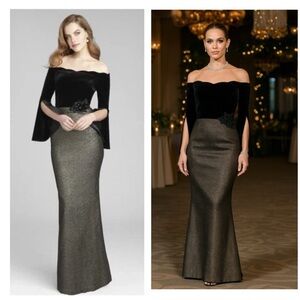 Rickie Freeman for Teri Jon Velvet Bell-Sleeve Gown Metallic Jacquard Size 4